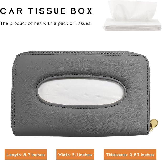 Car Tissue Box, Leather Auto Sun Visor Napkin Case Tissue Case Holder with Zipper, Sunvisor Paper Towel Storage Box Napkin Organizer for Most Vehicles, Car Accessories (Gray)