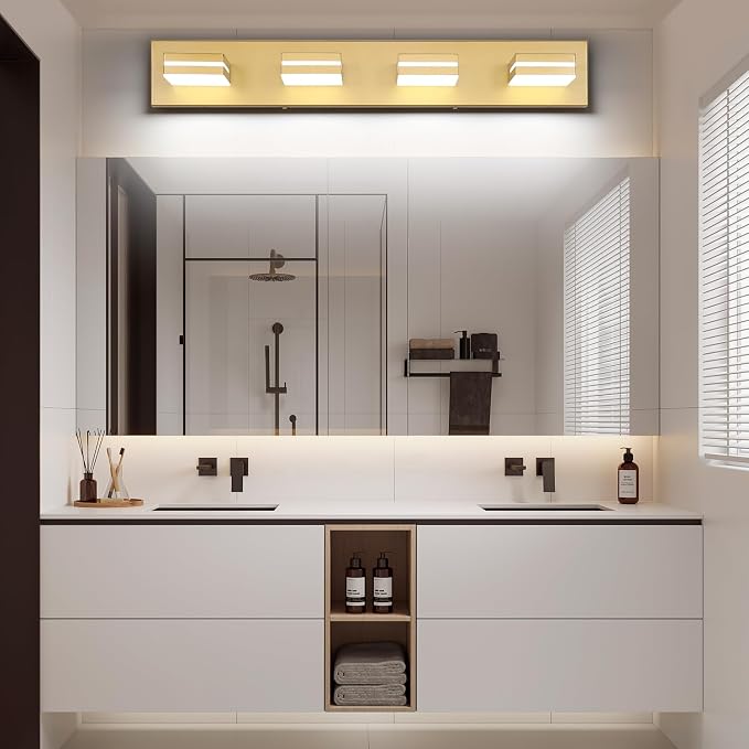SineRise LED Modern Bathroom Vanity Light Fixtures (4-Light, 30-Inch, Dimmable), Matte Gold Modern Acrylic Bathroom Wall Lighting Fixtures Over Mirror (Cool White 6000K)