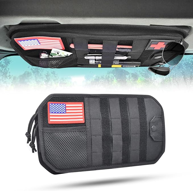 1000D Sun Visor Organizer Fits Most Car, SUVs, and Trucks | with Zipper Visor Storage Pouch, Car Sunglasses Holder, Hard Molle Panel for Tactical Gears