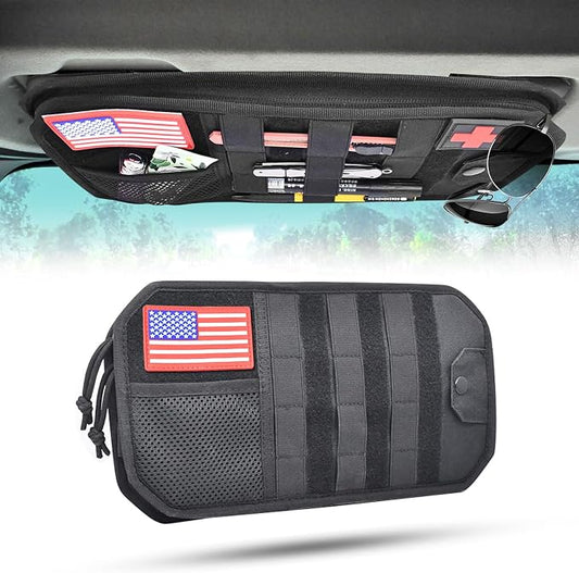 1000D Sun Visor Organizer Fits Most Car, SUVs, and Trucks | with Zipper Visor Storage Pouch, Car Sunglasses Holder, Hard Molle Panel for Tactical Gears
