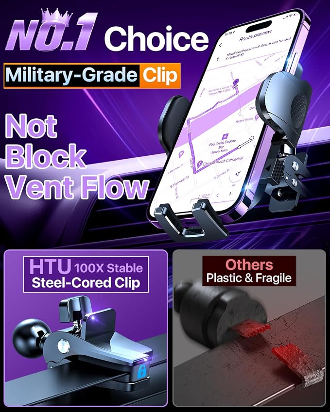 HTU 2026 Ultimate Best【True Military-Grade & Safety Cert】 Car Phone Holder | 【Upgrade 360 Rotation & 100LBS Strongest Suction】5-in-1 Truck Windshield Dashboard Vent Mount Stand for iPhone Android,Purple