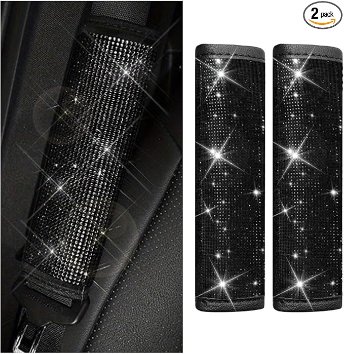 GLSOWEE 2PCS Bling Car Seat Belt Shoulder Pads for Women, Black Diamond | Bling Rhinestones Seat Belt Covers, Car Seatbelt Strap Pad with Crystal Diamond, Car Interior Accessories for Car SUV