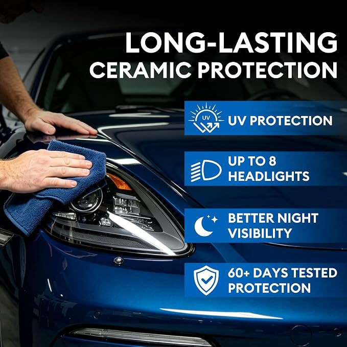 Headlight Restoration Kit, Complete DIY Car Headlight Cleaner, Restorer and Polish for Yellowing & Oxidation, Restores Like-New Clarity with UV Clear Coat and Accessories