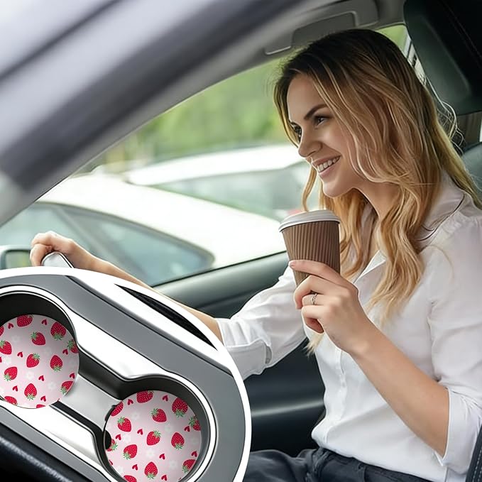 2 Pack Strawberry Car Coasters for Women Car Cup Holder Coasters, 2.63 Inch Anti Slip Ceramic Absorbent Coaster with Cork Base and Finger Notch, Cute Car Accessories Interior