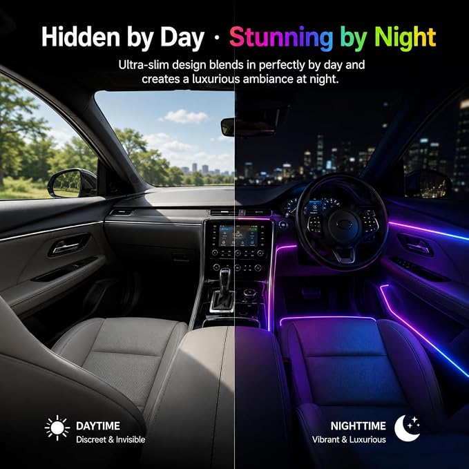 Acrylic Interior Car Ambient Lighting Kits, LED Strip Lights with Wireless APP, Neon Fiber Optic Lights Function LED Strip for Car with Music Modes (6 in 1)