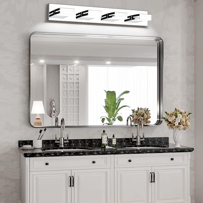 SineRise LED Modern Bathroom Vanity Light Fixtures (4-Light, 30-Inch), Chrome Modern Acrylic Bathroom Wall Lighting Fixtures Over Mirror (Cool White 6000K)