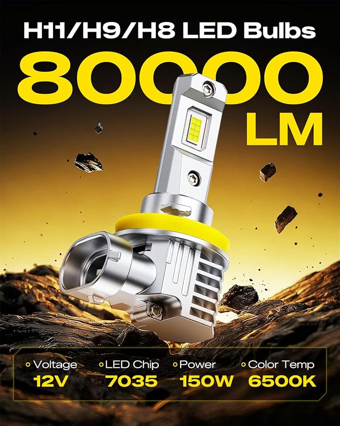 AUXITO H11 LED Bulb H8 H9 H16 80000LM 6500K Cool White, EMC Protection, Plug-N-Play, Real 1:1 Halogen Size Fog Lights, Pack of 2