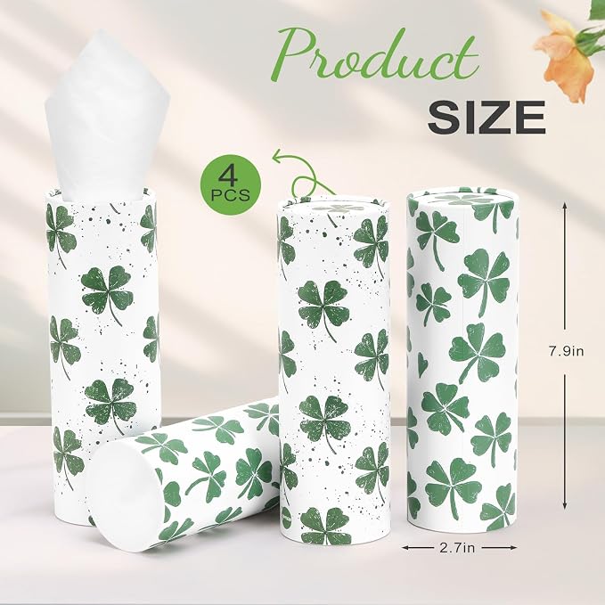 Car Tissue Holder (4 PK) - 50 3-Ply Tissues Cylinder, Fits Car Cup Holders, Portable Travel Tubes Box Container, Clover Design, Round Tissue Container for Car Accessories