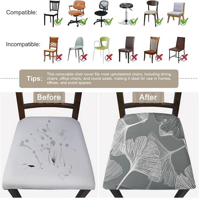 SearchI Seat Covers for Dining Room Chairs Printed Chair Seat Covers 4 Pack | Stretch Removable Washable Upholstered Chair Seat Protector Cushion Slipcovers for Kitchen(Ginkgo Leaf Pattern)