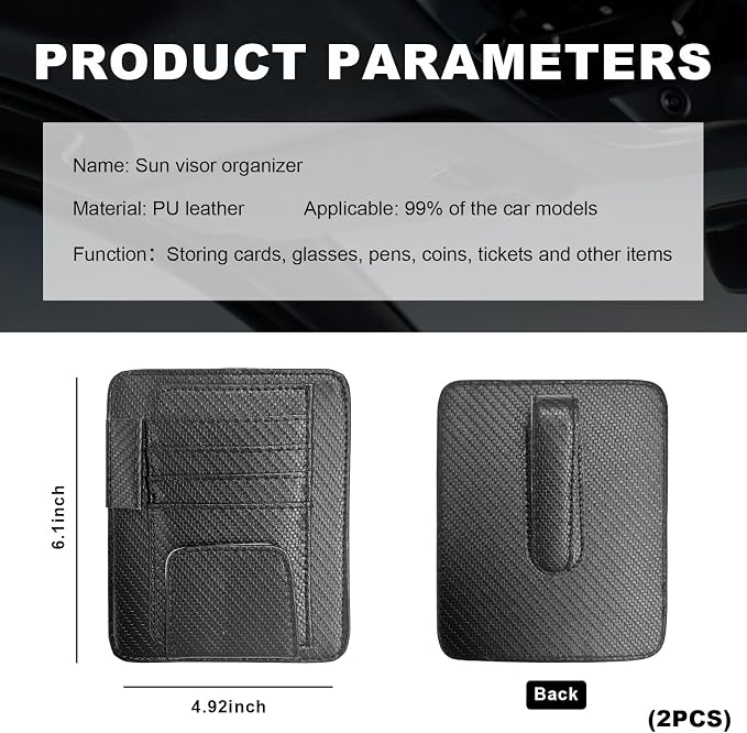 Dickno 2PCS Small Leather Car Sun Visor Organizer, Multifunctional Auto Visor Document Holder with Sunglasses Clip, Universal Car Interior Organizer for Driving License, Card, Pen (Carbon Fiber Black)