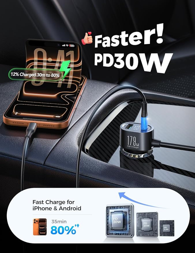 179W 7 in 1 Cigarette Lighter Splitter, PD30W Fast Charging Adapter for Car | PD30W Type-C, 39.6IN Extension Cable, 12V/24V Cigarette Lighter Adapter, 3 USB Ports, Independent Switches, Voltage Display