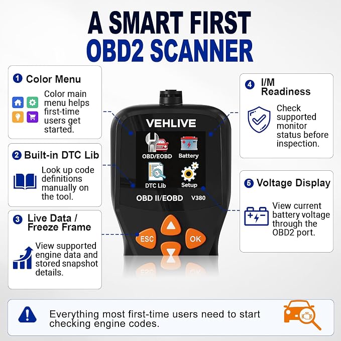 V380 Color OBD2 Scanner Diagnostic Tool, Car Code Reader for Check Engine Light, Read Codes, DTC Lookup, I/M Readiness, Live Data, Battery Voltage Check for 1996+ Gas Cars