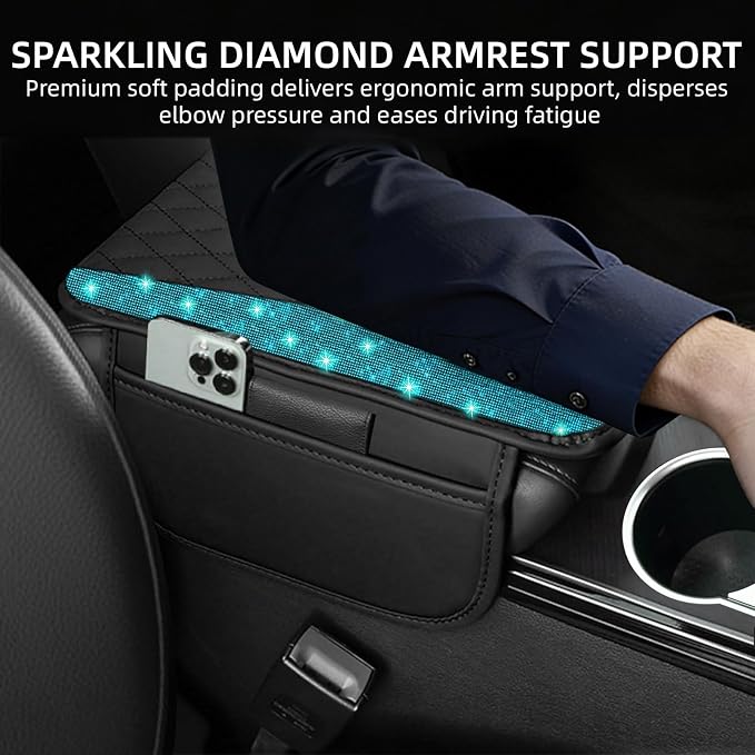 NBTEPEM Bling Car Center Console Cover, Leather Middle Console Cover with 2 Storage Bags, Universal Arm Rest Cover Protector, Bling Car Accessories Interior Fit for Most Vehicles, Aquamrine Diamond