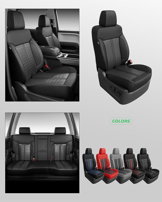 Custom Leather Seat Covers for 2014-2018 Sierra/Silverado 1500 | Only Crew Cab, Fits 2500/3500HD 2015-2020, no Rear Armrest/Seatback Storage, Waterproof, Scratch-resistant, Easy-clean