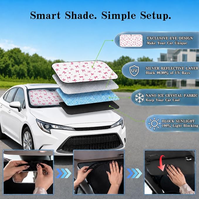 Car Windshield Sun Shade, Universal Fit Compact Sedan SUV, Cute Heart Bow | 59 x 27.5" Car Sun Visor , Foldable Front Window Sunshade, UV Heat Protection, Girly Bow Series