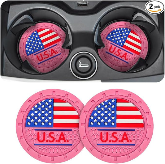AUCELI 2 Pack Car Cup Holder Coasters, Colored American Flag US Flag Insert Car Cup Coaster, 2.75 Inch Anti Slip Shockproof Embedded Drink Mat, Vehicle Interior Decor Accessories