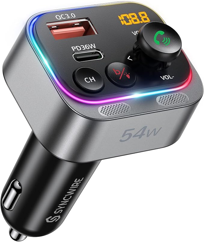 Syncwire Bluetooth 5.4 FM Transmitter Car Adapter 54W (PD 36W & 18W) [Stronger Dual Mics] [Light Switch] [HiFi Bass Sound] [Fast Charging] Wireless Radio Receiver Hands-Free Calling LED Display | [Stronger Dual Mics] [HiFi Bass Sound] [Fast Charging] W...