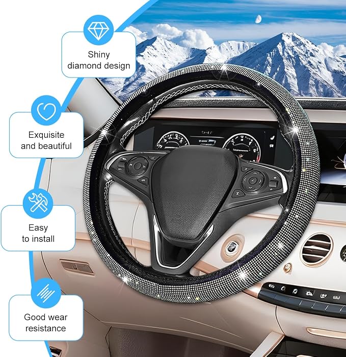 8PCS Bling Car Accessories Set, Sparkly Rhinestone Vehicle Steering Wheel Seat Belt Gear Shift Start Stop Button Cover, Diamond Auto Cup Holder Coaster Decoration, Universal Fit (Multicolor)