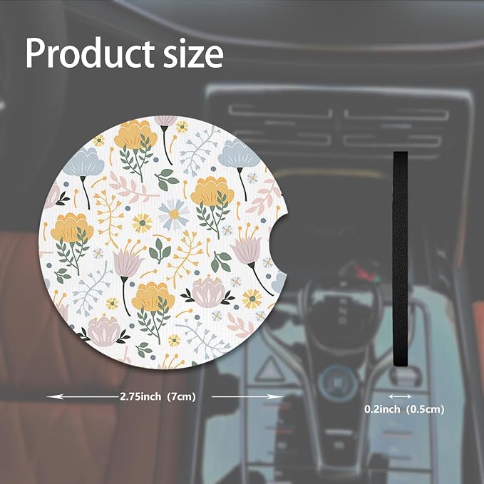 2pcs Cute Yellow Flowers Cute Flowers Car Coasters,Absorbent Universal neoprener Cup Holder Coasters with a Finger Notch,Car Accessories for Women&Man Interior，2.75" 6