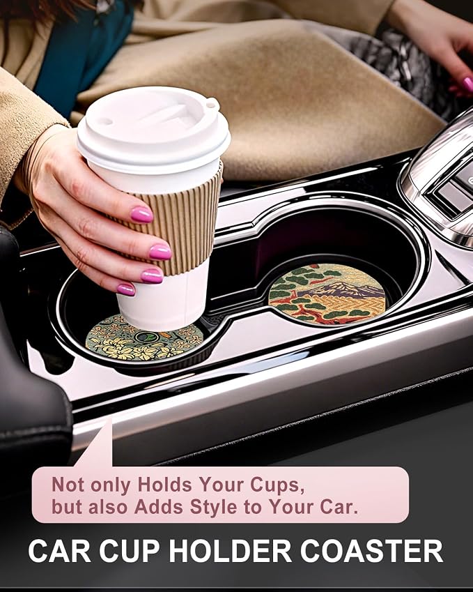 Swooflia Car Coasters for Women - Japanese Painting Cork Car Cupholder Coaster Cool Absorbent Mat Coaster with Cork Base 2 Pack Automotive Cup Holder Accessories New Driver Gifts for Decor