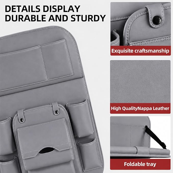 2 Pack Car Backseat Organizer with Foldable Table Tray, PU Leather Seat Back Organizer with Trash Bin, Tablet Holder, Kick Mat Protector, Back Seat Storage for Cars, Gray