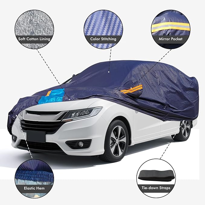 Car Cover Waterproof All Weather, 6 Layers Outdoor Full Exterior Cover Rain Sun UV Snowproof Protection with Zipper Cotton, Mirror Pocket for Honda Odyssey