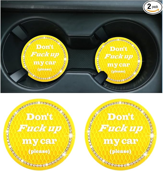 2 PCS Bling Car Cup Coaster, 2.75 Inch Anti-Slip Cup Holder Insert Coasters, Crystal Rhinestone Auto Drink Car Cup Mat for Women Girls, Universal Interior Car Accessories (Yellow)