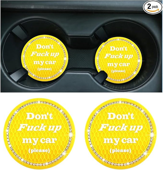 2 PCS Bling Car Cup Coaster, 2.75 Inch Anti-Slip Cup Holder Insert Coasters, Crystal Rhinestone Auto Drink Car Cup Mat for Women Girls, Universal Interior Car Accessories (Yellow)