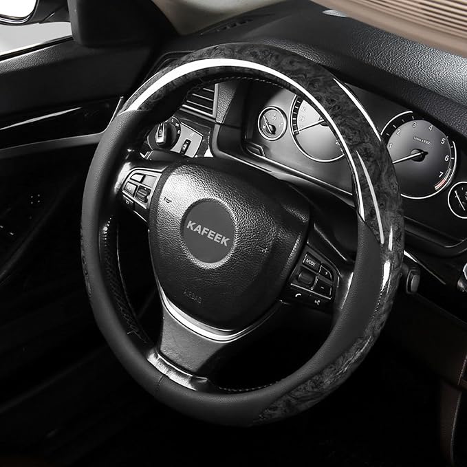 KAFEEK 16 inch Steering Wheel Cover for Ford F150 F250 Ram 4Runner Tacoma | Wood Grain Design with Microfiber Leather, Anti-Slip, Comfortable Grip, Easy to install