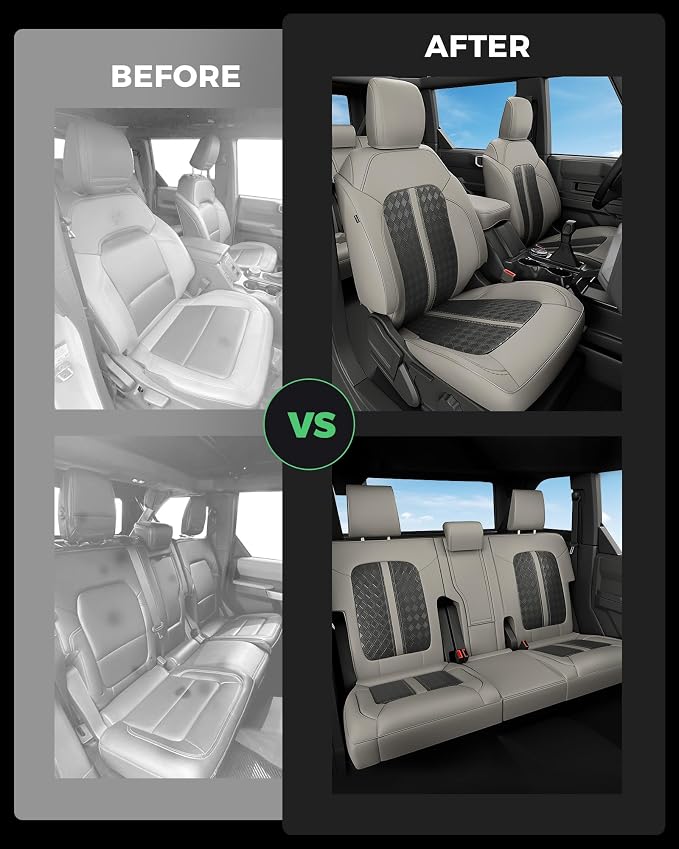 Custom Fit Leather Seat Covers for 2021-2026 Ford Bronco 4 Door | OEM fit, premium waterproof leather, full coverage, anti-slip, storage pockets, long-term durability, airbag compatible