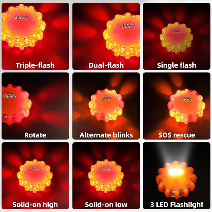 6 Pack USB Rechargeable LED Road Flares Emergency Lights, Roadside Warning Car Safety Beacon Flashing Disc Flare Kit with Magnetic Base for Vehicles & Boat&Truck