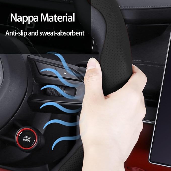 Car Steering Wheel Cover, O/D Shape, Nappa Leather, Segmented, Anti-Slip, Odorless, Breathable, for Men & Women, 14-15inch (Black)