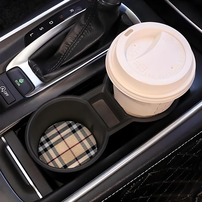 Car Coasters for Cup Holders, Car Cup Holder Coaster, Cute Car Accessories for Women Interior, 2PCS Cup Holder Coasters for Car, Anti Slip Rubber Cup Mat with A Finger Notch(Beige Plaid)