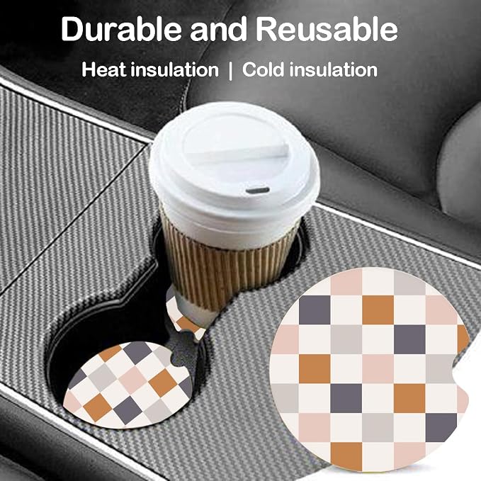 Ceramic Car Coasters – Absorbent Car Cup Holder Coaster Set for Women, Cute Aesthetic Car Accessories for Girls, 2 Pack (Ivory Beige)