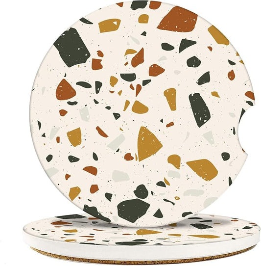 Britimes Absorbent Car Coasters 2 Pack for Cup Holders, 2.56" Ceramic Stone & Non-Scratch Cork Base Drink Coasters Cupholder Terrazzo