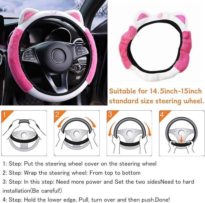 Bittwee Car Steering Wheel Cover, Fluffy Soft Plush for Winter Warm, Cute Steering Wheel Protector with Kitty Cat Ears, Universal 15 Inch, Elastic & Anti-Slip, Lovely Decor Car Accessories (Rose Red)