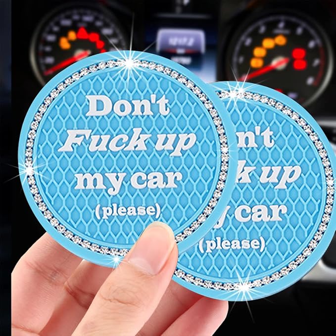 Ziciner 2 Pack Bling Car Cup Holder Coasters with Start Stop Button Cover, 2.75 inch Crystal Rhinestone Soft Rubber Auto Cup Insert Pad, Non-Slip Universal Vehicle Interior Accessories (Light Blue)