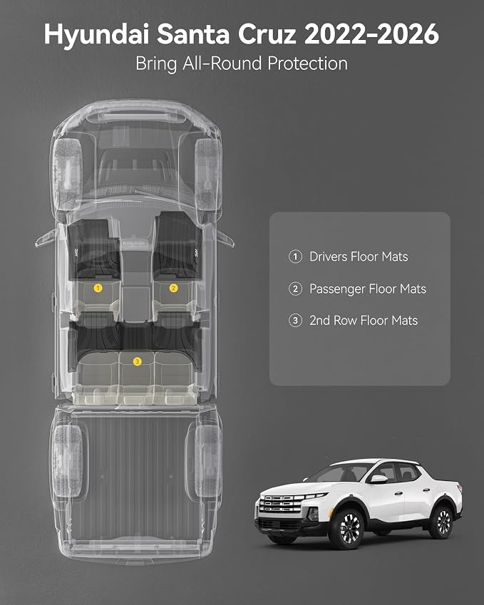 3W Floor Mats Custom for Hyundai Santa Cruz Pickup 2022-2026 All Weather Protection TPE Heavy Duty Non-Slip Automotive Floor Liners Fits 1st & 2nd Row Full Set Accessories, Black