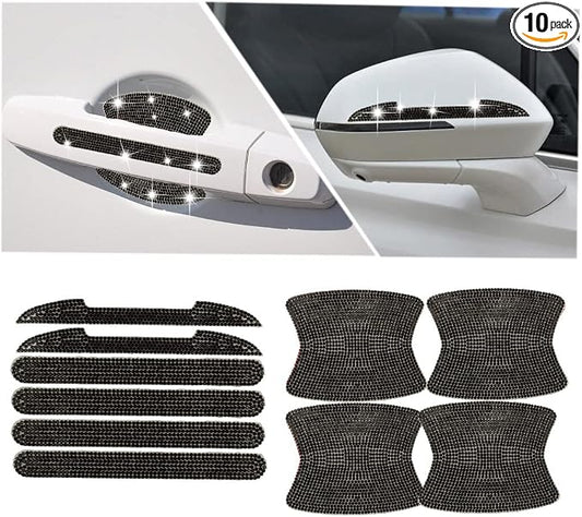 10PCS Bling Car Door Handle Reflective Trim Decals Stickers,Universal Rhinestone Door Side Rear View Mirror Scratch Resistant Protector Cover Car Accessories Black