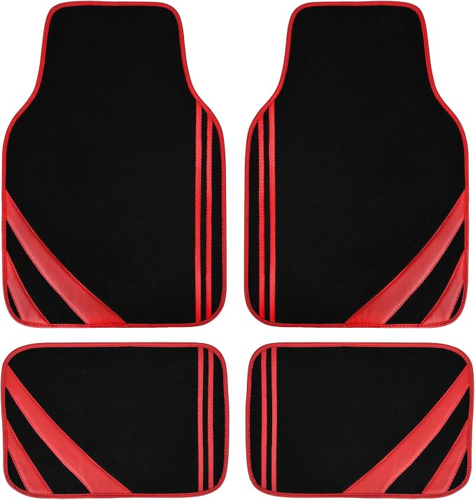 CAR PASS Red Edge Leather Car Floor Mats, Universal Waterproof Car Mats with Double Stitch Line and Anti-Slip Backing Design, for Cute Girly Women, Fit 95% Automotive,SUVs,Sedan,Vans (Black and Red)