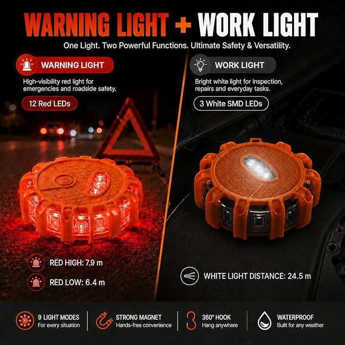 3 Pack LED Road Flares Emergency Lights, Magnetic Roadside Warning Lights with 9 Flash Modes, Hook, Carrying Case, Water Resistant Safety Beacon for Cars, Trucks, RVs, Boats