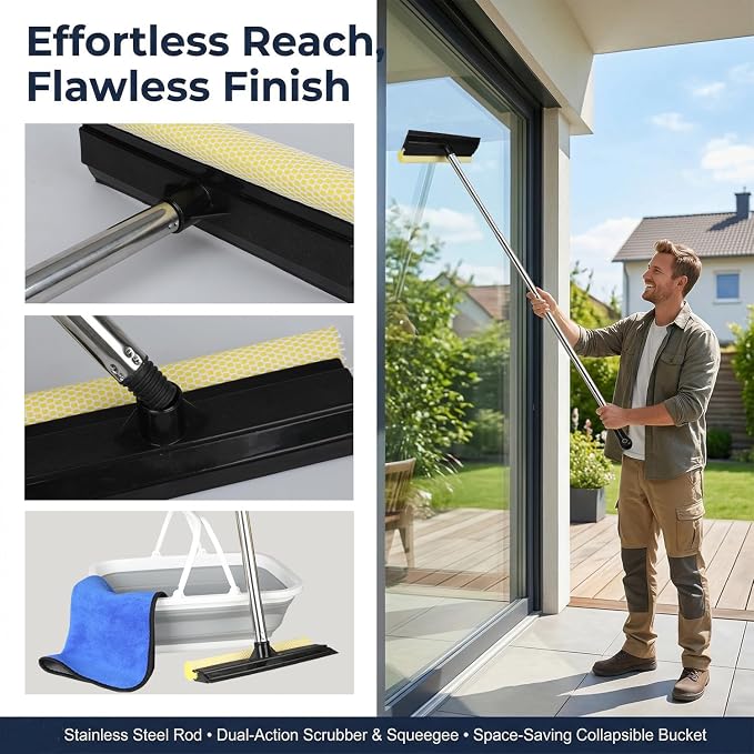 Window Cleaning Kit, 56-Inch Squeegee & 10L Collapsible Bucket | Squeegee & 10L Collapsible Bucket