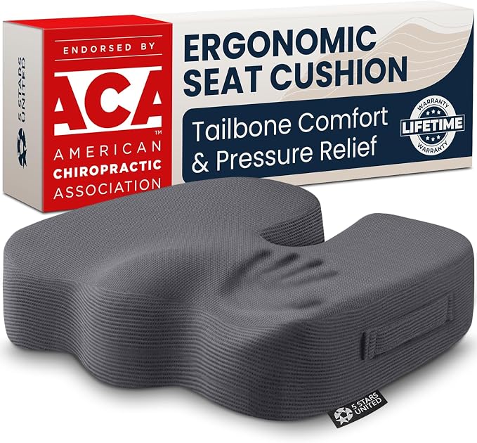 5 STARS UNITED Seat Cushion - Memory Foam Chair Cushion for Tailbone Pain Relief - Ergonomic Support for Coccyx, Sciatica & Butt - Office, Desk & Gaming Chair, Car Seat, Wheelchair, Airplane, D Gray
