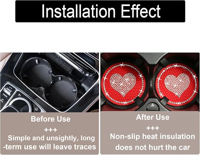 Bling Cup Holder Insert Coaster- 2.75 inch Silicone Anti-Slip Shockproof, Universal Fashion Car Interior Accessories for Women (RED&Love, 2 PCS)