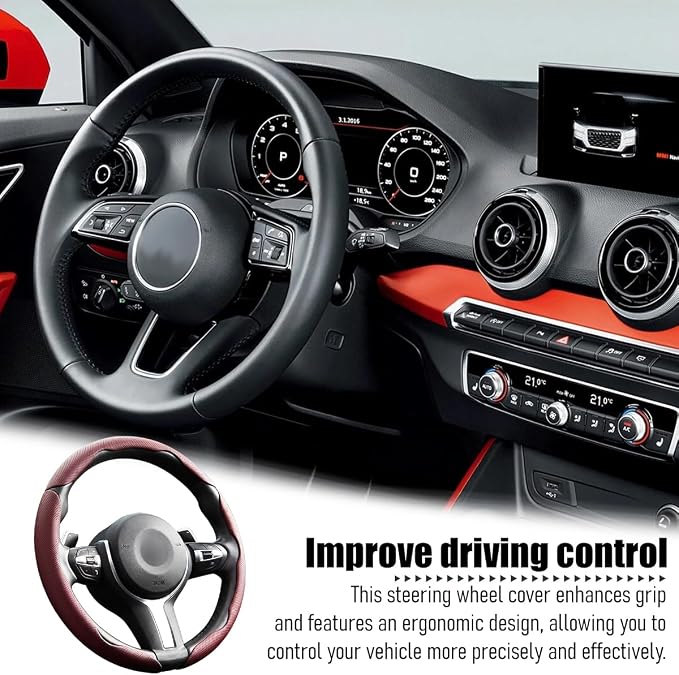 3PCS Car Steering Wheel Cover, 14.5-15" Breathable Nappa Leather Segmented Steering Wheel Protector with Non-Slip Grip, Stylish Auto Decor Accessories, Universal for Vehicles (Wine Red)