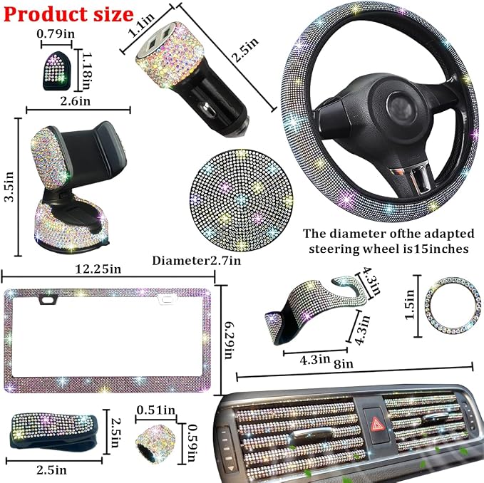 27PCS Bling Car Accessories Set for Women, 14.5-15" Rhinestone Steering Wheel Cover Cup Coaster, USB Charger Phone Holder Headrest Hook, Diamond Auto Interior Decor, Universal Fit (Multicolor)