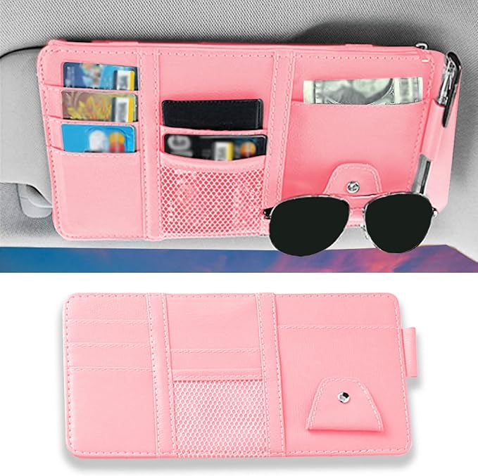 1 Pack Car Sun Visor Organizer, Sunglasses Holder for Car Sun Visor, Auto Interior Accessories Pocket Organizers Can Store for Sunglasses, Documents, Cards, Pen, Drivers License (Pink)