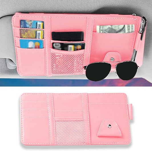 1 Pack Car Sun Visor Organizer, Sunglasses Holder for Car Sun Visor, Auto Interior Accessories Pocket Organizers Can Store for Sunglasses, Documents, Cards, Pen, Drivers License (Pink)