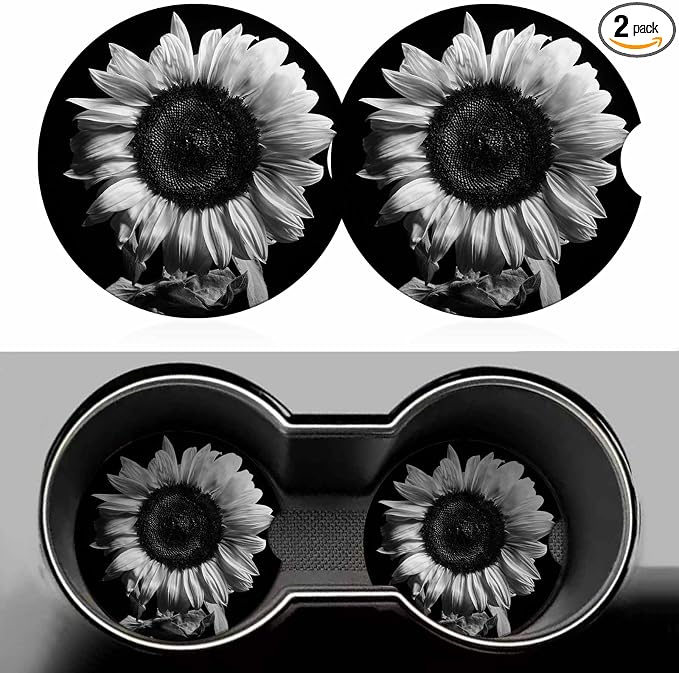 Sunflower Car Cup Holder Coaster 2 Pack Absorbent Ceramic Car Coasters for Cup Holders Car Accessories Interior for Women Men Universal Anti Slip Cork Base Cup Coasters with Finger Notch