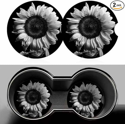 Sunflower Car Cup Holder Coaster 2 Pack Absorbent Ceramic Car Coasters for Cup Holders Car Accessories Interior for Women Men Universal Anti Slip Cork Base Cup Coasters with Finger Notch